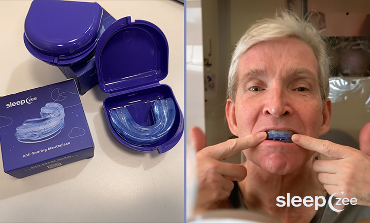 SleepZee anti-snoring mouthpiece with case and customer showing fit